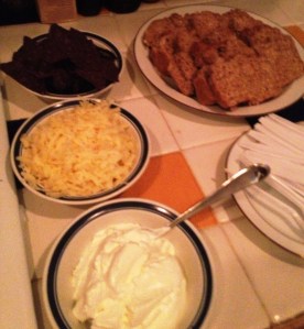 Chicken Chili Fixings: Blue Corn Chips, White cheddar, SC, Beer Bread